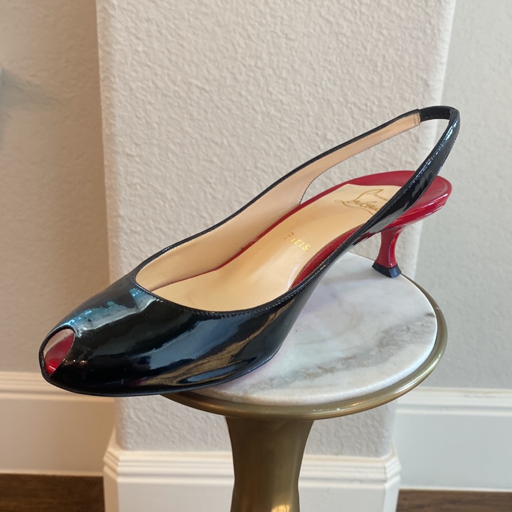 Christian Louboutin Sling Back Peep Toe Patent Leather Kitten Heels, Size 38